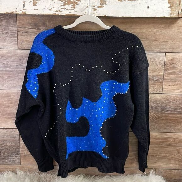 Organically Grown Ladies Vtg  Bedazzled Sweater,Size Small,Black & Blue - Picture 1 of 5
